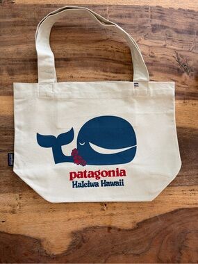 Patagonia Cream Mini Canvas Tote with Navy Whale and Red Accents